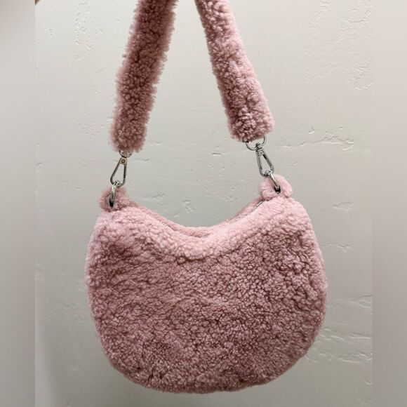 Dusty Rose Real Shearling Leather Half Moon Handbag with 2 Straps & Fur Charm - Picture 5 of 16